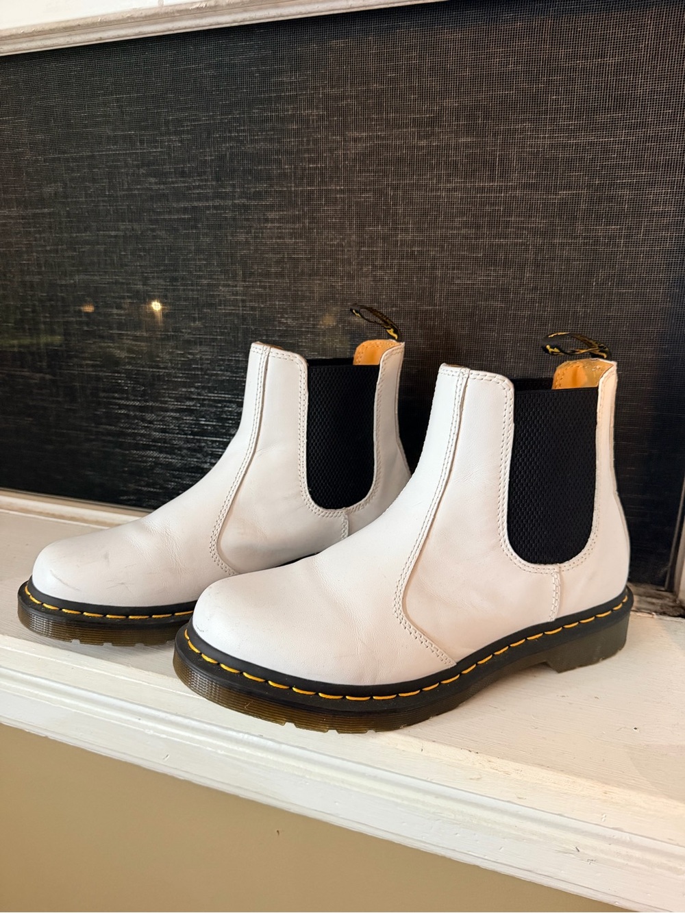 Dr. Martens White Leather Chelsea Boots with Black Elastic